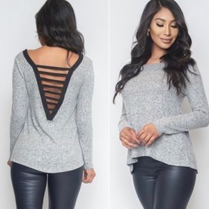 New! Heather Gray Hacci Brushed Soft with Contrast Black Sexy Ladder Back Top